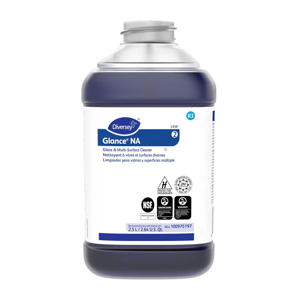 A purple liquid container with a white label featuring certification icons and product details. Glance® NA Glass & Multi-Surface Cleaner (2.5 lt., 2/Case)